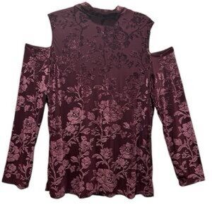 Adrianna Papell Large Maroon Purple Floral Velvet Cold Shoulder Fall Blouse Top